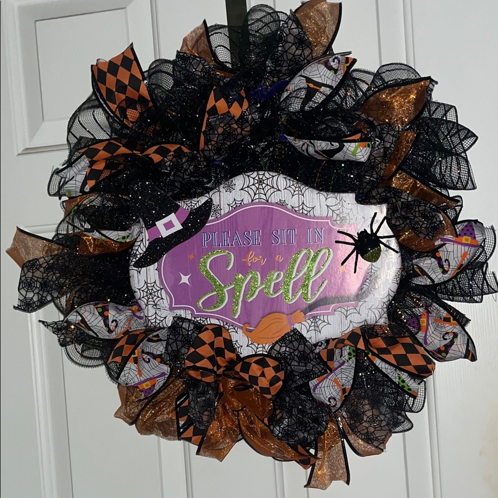 New, never displayed, Halloween Witch Wreath with Orange and Black Accents